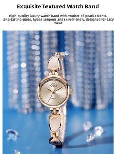 Detailed shot of rose gold GEDI quartz watch with white mother-of-pearl bracelet links