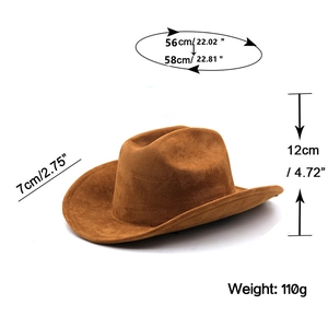 Brown suede Western cowboy hat with size chart showing 56-58cm head circumference