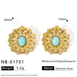 Detail view of gold flower earrings with turquoise stone and size dimensions