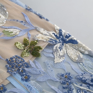 Makrodetail eines hellblauen Netzmusters mit Blumenstickerei und einem Reißverschluss