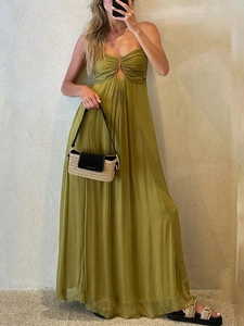 Women Sexy Spaghetti Strap Maxi Dress Pleated Polyester Keyhole Cutout High Waist Summer Vacation Beach Party Solid Color
