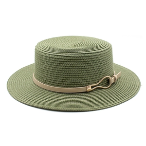 Detail of olive green boater hat with a cream leather band and gold metal buckle