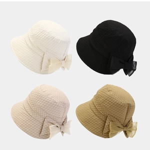 Bucket Hat Women Polyester Embossed Texture Organza Bow Sun Protection Breathable Foldable Beach Travel Elegant Hat