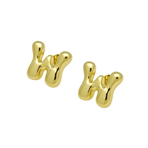Macro shot of gold bubble W letter earrings with a polished glossy metallic finish