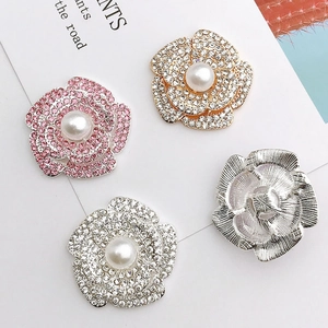 Zinc alloy camellia flower pendants with sparkling rhinestones and elegant pearls