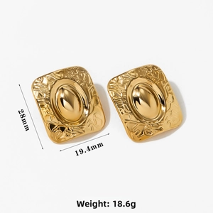 Detail view of gold rectangular earrings with lava texture and 28mm by 19.4mm dimensions