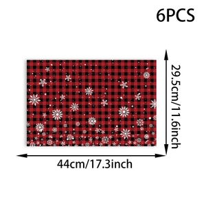 Detail of 6-piece red and black plaid Christmas placemats with snowflake prints and size specs