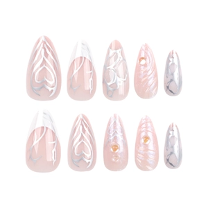 Pink and silver 3D press-on nails with heart patterns and rhinestone accents