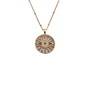 Gold plated evil eye necklace with colorful cubic zirconia in sunburst pendant style