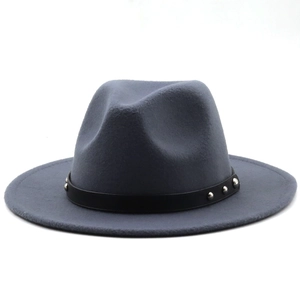 Detailed texture of charcoal wool fedora featuring a black leather belt with silver rivets