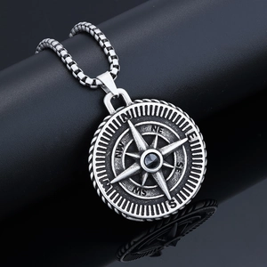 Vintage stainless steel Viking compass pendant necklace with black stone and silver finish