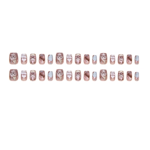 Cute cat eye press-on nails set with bear and cake patterns in pink and brown