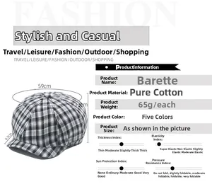 Detailed size specifications of the black and white plaid cotton newsboy cap for outdoor