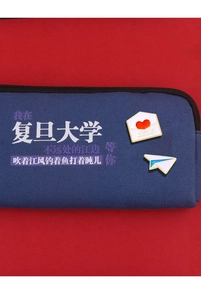 Close-up of cute metal panda pins and heart envelope badge on blue canvas pencil case