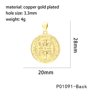 Retro hip hop round St. Benedict medal pendant in gold-plated copper with zircon stones