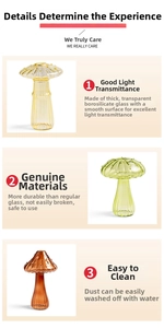 Close-up of glass mushroom vases in yellow, green and amber brown colors