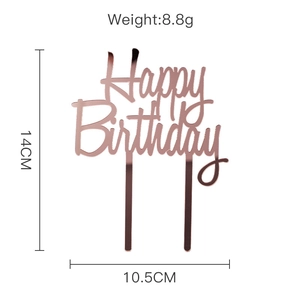 Rose gold acrylic Happy Birthday cake topper with dimensions 14x10.5cm and 8.8g weight