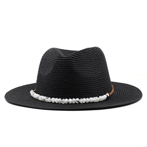 Classic black straw fedora sun hat with beaded band detail for outdoor summer travel