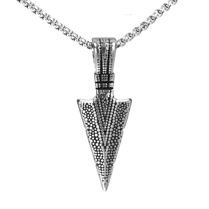 Arrowhead pendant necklace for men made of textured silver stainless steel on box chain