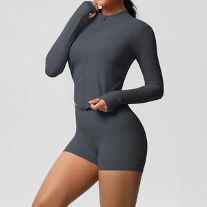 Detail of grey yoga set featuring thumb hole cuffs and high-waist compression shorts