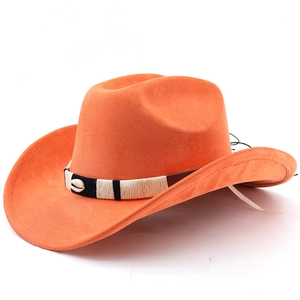 Detail of orange suede cowboy hat featuring a braided band with a natural shell accent