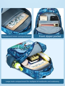 Detail of shark student backpack showing A4 storage capacity and multi-layer inner compartments