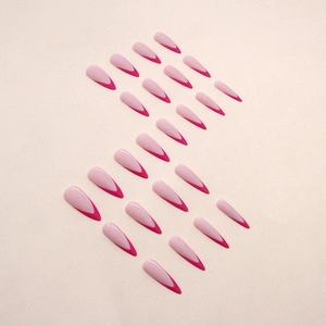 Set of 24 long stiletto matte rose red French tip press-on nails in pink base