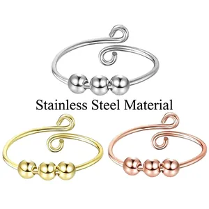 Stainless Steel Anxiety Ring Rotatable Beads Adjustable Open Fidget Stress Relief Jewelry For Women Men Minimalist