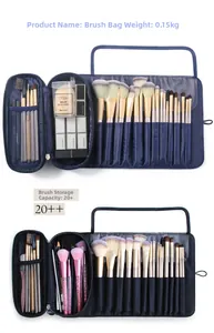 Detail view of foldable makeup brush organizer with 20+ slots, hooks and mesh pockets