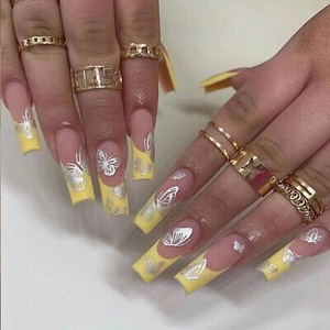 Yellow French Tip Coffin Press On Nails Silver Butterfly Pattern Fake Nails For Women Nail Art Decoration
