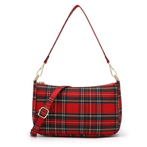 Vintage red plaid baguette shoulder bag with gold hardware and adjustable strap