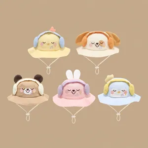 Five assorted cotton animal character sun hats for kids with adjustable chin straps