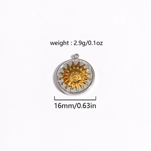 Macro detail of a 16mm gold sun face pendant with silver frame and metal texture