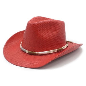Red western straw cowboy hat with a decorative multi-color woven band for women