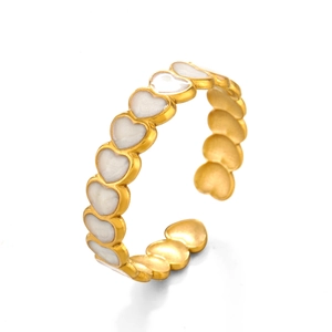 18K gold plated heart ring with white enamel accents in an adjustable open band design