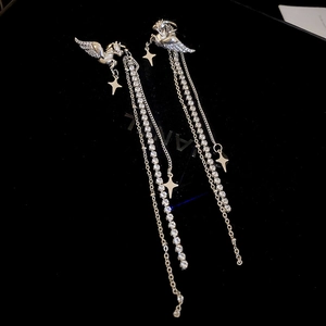 Pegasus Star Long Tassel Ear Clips Copper Rhinestone Elegant Dangle Jewelry For Women Silver Earring Post