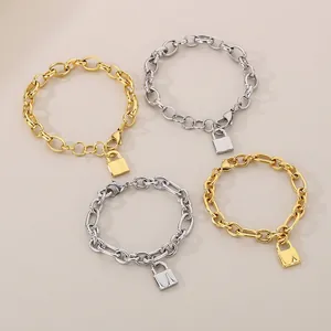 Stainless Steel Necklace And Bracelet Jewelry Set With Padlock Pendant Thick Oval Link Chain Hip Hop Punk Style For Unisex