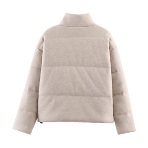Beige knit texture puffer jacket with stand collar for women, back view on white background