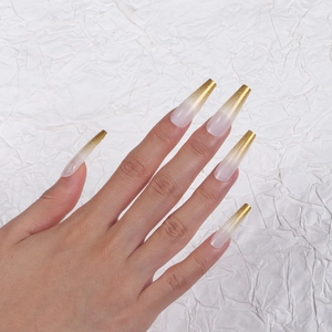 Press On Nails Long Coffin Ballerina Shape Gold Glitter Gradient Elegant Removable False Nails For Women Fashionable