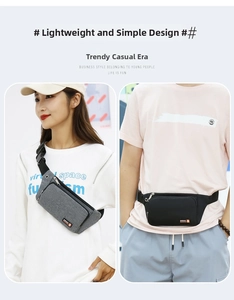 Close-up of lightweight oxford fabric waist bags worn as crossbody and fanny pack