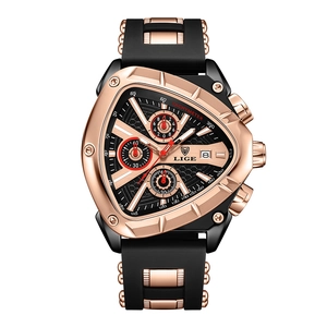 Luminous rose gold triangle quartz watch with black silicone strap and calendar for men
