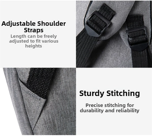 Detail view of adjustable nylon shoulder straps with reinforced stitching on gray backpack
