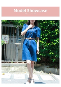 Close-up of blue denim V-neck dress with metal buttons and brown hollow-out waist belt