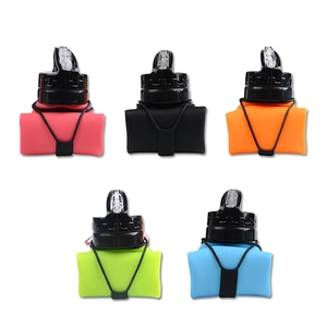 Collapsible silicone sports bottles in five colors shown in a compact folded state