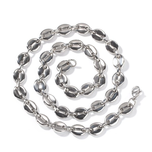 Silver stainless steel coffee bean link necklace with a minimalist pig nose design