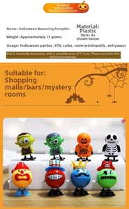 Detailed specs of wind-up Halloween jumping toys including pumpkin and skull figures