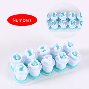Macro detail of 10-piece teal and white plastic number cookie cutters for baking