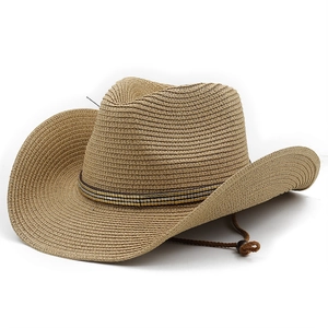 Classic straw western cowboy hat with metallic beaded band and adjustable chin cord