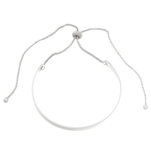 Polished silver adjustable cuff bracelet with box chain and slider clasp on white background