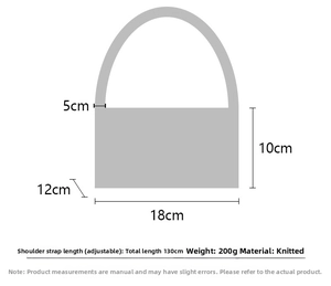 Size diagram of candy-colored knitted shoulder bag with adjustable strap and measurements